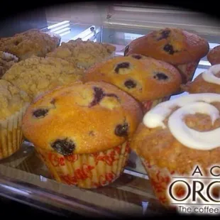 Baked goods. Freshly baked bagels and muffins.