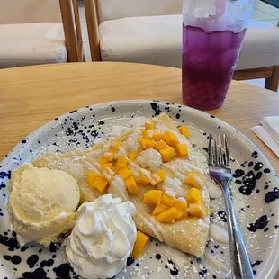 Mango sticky rice crepe and Butterfly pink drink