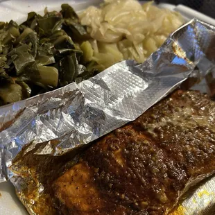 Blackened Cajun Salmon, Collard Greens with Smoked Turkey and Spicy Cabbage with Tri-Color Bell Pepper
