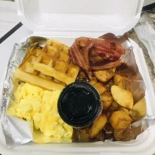 a tray of breakfast foods