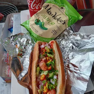 All beef hot dog, you can get a combo hot dog soda chips  for only $8.99