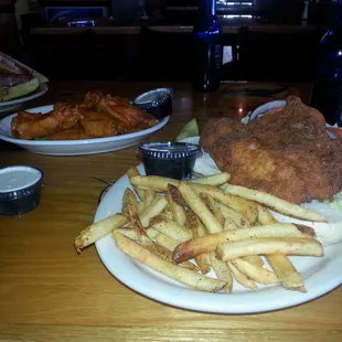 Fish sandwich and wings.