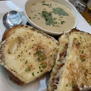 French Onion Bacon Melt (perfect) and Potato Soup