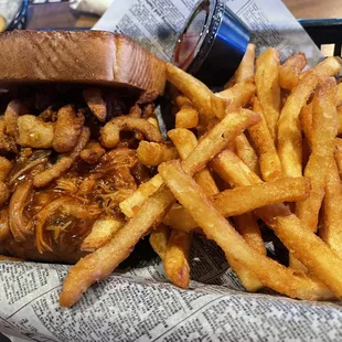 bbq pork sandwich with pub fries