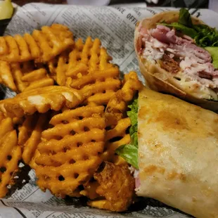 Triple decker club wrap with waffle fries