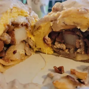 Breakfast wrap covered with sausage gravy