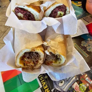 Classic with cheezwhiz on the bottom and the hubby's pastrami with hot peppers on top