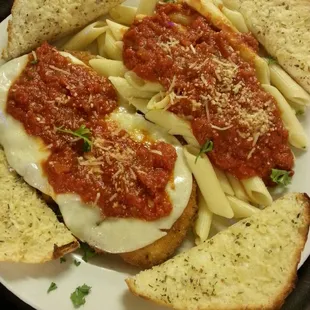 dinner special! - fresh hand breaded chicken parmigiano