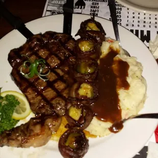 Fresh cut Rib Eye with homemade mashed and upgraded to the bacon wrapped brussels!