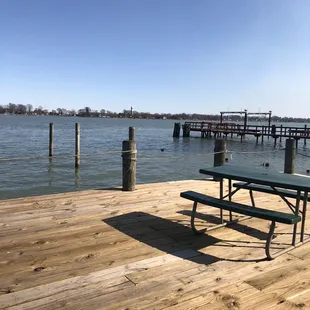 a picnic table on the dock