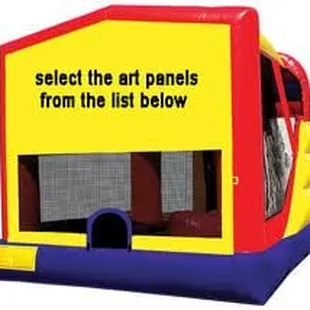 This large combo unit has a jumping area, basketball hoop, and slide. This unit gives you options for a theme or just plain.