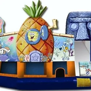 Spongebob 5 in 1 combo includes a basketball hoop , pop up obstacle, jump through obstacle, climb and slide. Always a big hit!