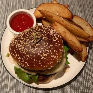 Cheeseburger and Fries - beef &amp; brisket chuck patties, cornichon, american cheese, &amp; dijonnaise on a high street sesame roll.