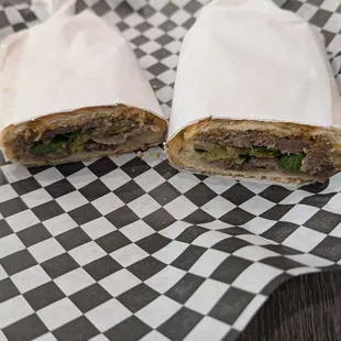 Beef tongue on a baguette.