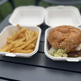 Burger and fries from Smash Dunk
