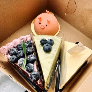 1. Little Pig 2. Blueberry Cream Cake 3. Matcha Mousse Cake 4. Hokkaido Cheesecake