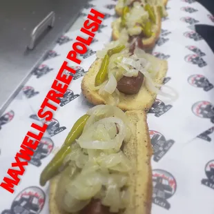 hot dogs with onions and pickles