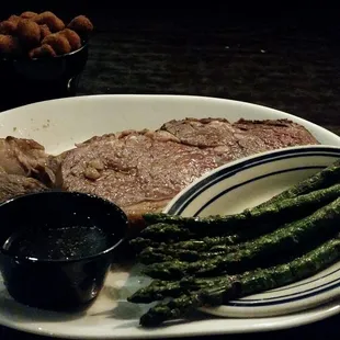 Weekend special: $26.99 prime rib with two sides (fried okra and grilled asparagus) and Texas toast.