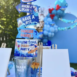 Kids canvas paint party shark birthday Chiara wall backdrop rental arts crafts fun children sleepover ideas organic balloon garland bay area