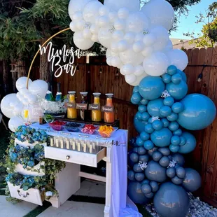 Mimosa bar birthday party ideas bridal shower wedding decor backdrop balloons flower baby breath champagne set up accent custom mimosas