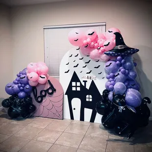 Sweet and Spooky Pastel Halloween girly backdrop set up balloons balloon garland haunted house  witches party birthday chiara wall wood arch