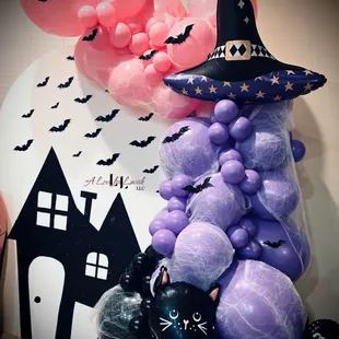 Sweet and Spooky Pastel Halloween girly backdrop set up balloons balloon garland haunted house  witches party birthday chiara wall wood arch