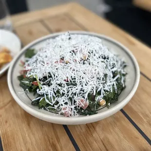 Chop Salad: Kale, Chicories, Olives, Salami, Ceci Beans, Peppers, Pickled Red Onion, Ricotta Salata ($16)