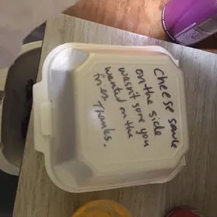 We ordered through door dash (great service) and got the cheesy fries. This is the message we got -with the cheese on the side.