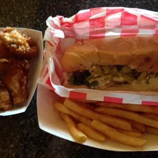 5 wings, 7" cheesesteak, fries