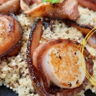 Bacon Wrapped Scallops with Pineapple Quinoa
