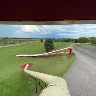 Top of silo playground. Giant potato sack slide.