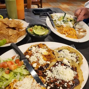 Piccadita platter (with added steak, chorizo and chicharrones.)     Also enchiladas with chicken and green sauce.