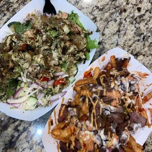 Chicken pesto salad and loaded steak fries!!!