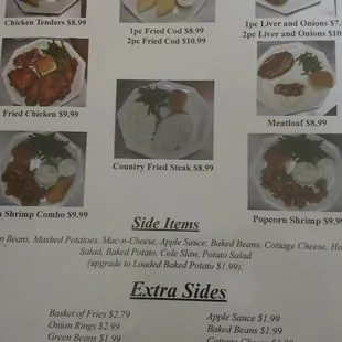 a menu for a variety of dishes