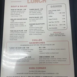 lunch menu - lunch only served on weekdays