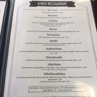 a menu for a nice restaurant