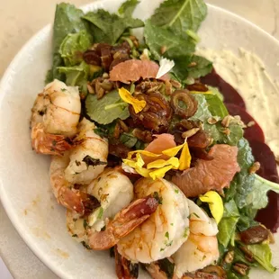 Beet salad with added grilled shrimp