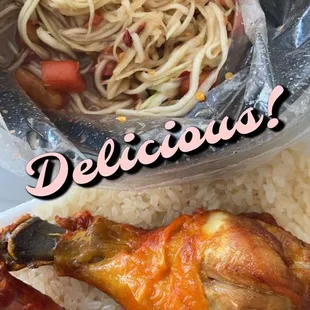 Chicken &amp; Hmong Sausage with Sticky Rice with Thai Style papaya salad. DELICIOUS!!!