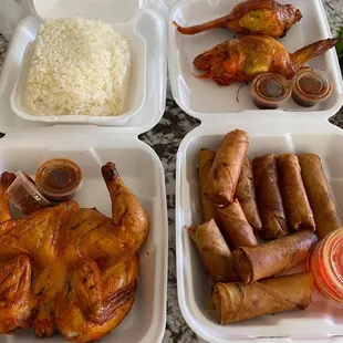Sticky rice, eggrolls, angel wings and a whole chicken
