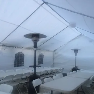 Patio heater, tent 20x30, rectangle 6ft tables, chairs, tables cover, fresno party rental best service