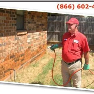 We use a 50 gallon power sprayer around the base of your home to give you a 6-8 foot barrier of protection.
