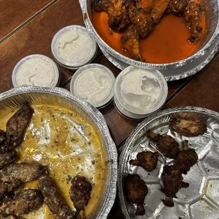 Garlic parm, hot buffalo and plain