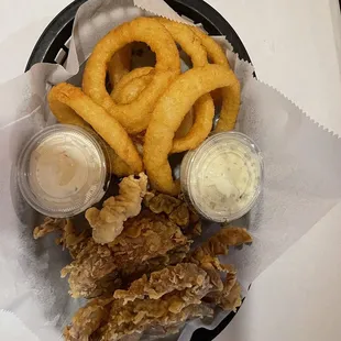 Fried soft shell crab basket and onion rings