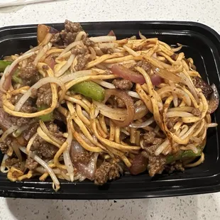 Sizzling eggplant beef e-noodle