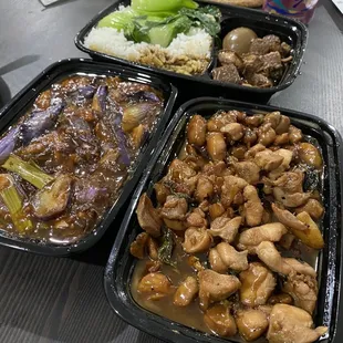 Top (braised pork), left (eggplant garlic), basil chicken