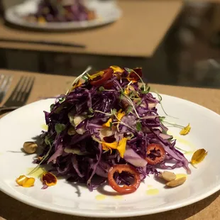 Vegan Salad: Shaved Cauliflower, Red Cabbage, Peanuts, Red Chiles &amp; Spicy Peanut Vinaigrette