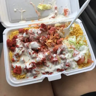 Chicken over rice with all their sauces - so much for $5