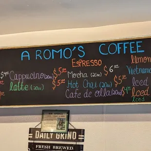 Coffee menu
