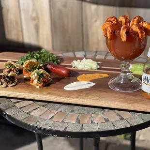 a table with food and drink