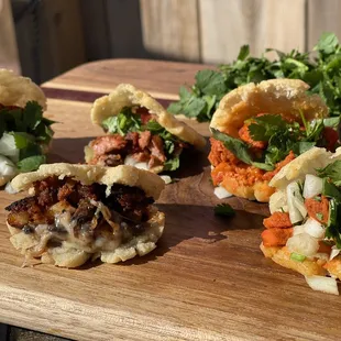 Gorditas a mano  carne asada, al pastor,  chorizo and papa, and mushroom and cheese